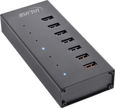 HUB USB InLine, 7 porta, USB 3.2 Gen 1, kutizë alumini, me furnizim 2.5A, i zi