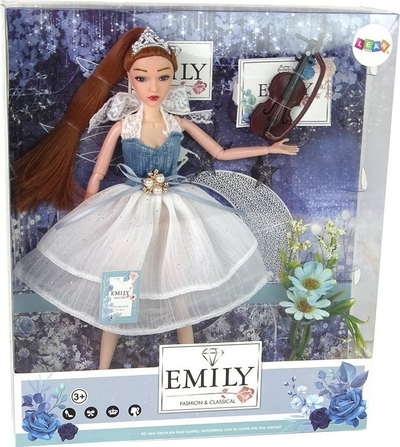 Kukull Emily Leantoys, flokë të gjatë, violinë, me lule