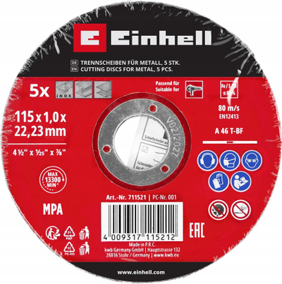Set disqe prerëse Einhell 49711521, 5 copë, për metal 115mm