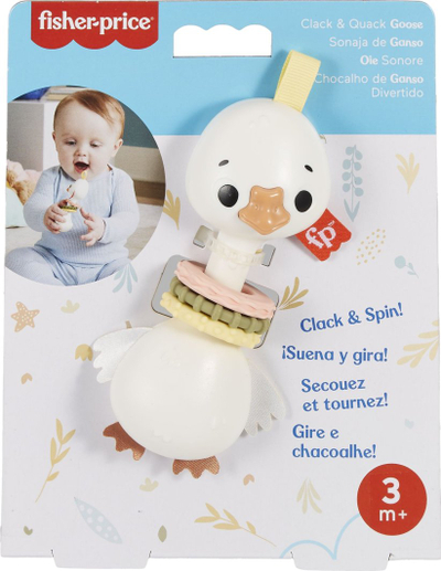 Lodër sensorike Fisher-Price Clack and Quack Goose, për foshnje 3+, me unaza shumëteksturore, e bardhë