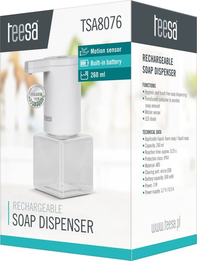Dozator automatik për sapun Teesa TSA8076, sensor lëvizjeje, bateri 500 mAh, i bardhë