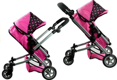 Karrocë lodër për kukulla Lean Toys Alice, 2 në 1, dorezë e rregullueshme, rozë me pika të zeza