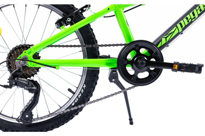 Biçikletë MTB për fëmijë Pegas Mini Drumet 20", 21 shpejtësi, kornizë alumini, e zezë jeshile