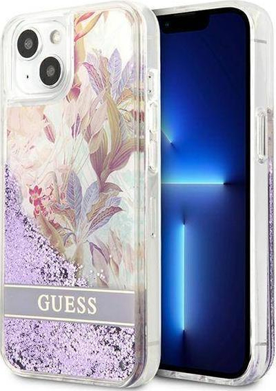 Mbulesë telefoni Guess Flower Liquid Glitter për iPhone 13 mini 5.4", TPU, e fortë, vjollcë