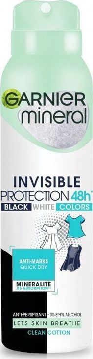 Sprej dezodorant Garnier Mineral Invisible Protection, 48 orë, Clean Cotton, goca, 150ml