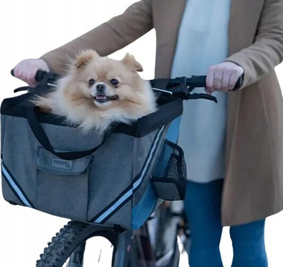 Çantë për qenin për biçikletë Kerbl Bike Dog Carrier, për në timon biçiklete, me shirita që ndriçojnë, gri