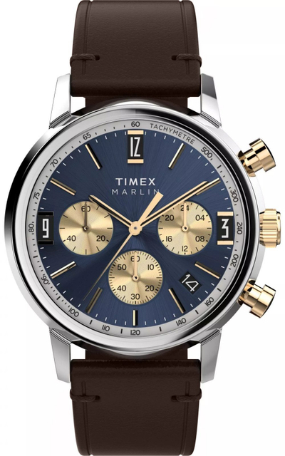 Orë dore Timex Marlin Quartz Chrono, 40mm, kronograf, fushë blu, rrip lëkure kafe