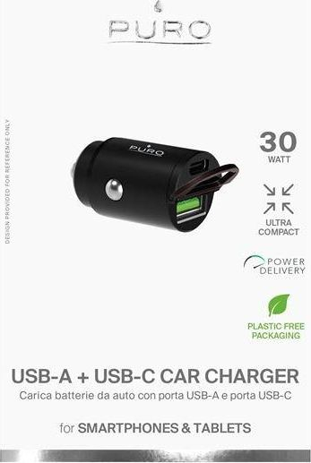 Полнач за автомобил Puro Mini PUR403, 1x USB A, 1x USB C 30W, црн