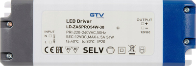 Напојување ЛЕД ГТВ ЛД-ЗАСПРО54W-30, 54W 12V ДЦ, 4.5A, бело