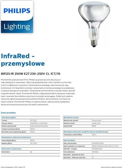 Llambë inkandeshente infrakuqe Philips Europe 250BR40/IR/CL, 250W, E27, transparente