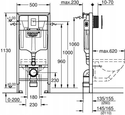 Kornizë e fshehtë WC Grohe Rapid SL, 113 cm, depozitë 3/9L, e bardhë