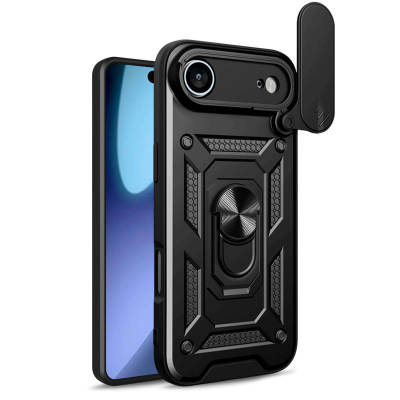 Këllëf telefoni Hurtel Hybrid Armor Camshield për iPhone 17 Air, me stand, me kapak kamere, i zi