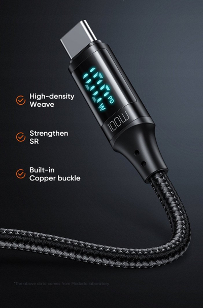 Kabllo karikimi Mcdodo me ekran LED, USB-C në USB-C, 100W PD 5A, e zezë