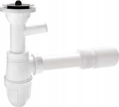 Sifon lavamani me dalje për lavatriçe, bottle siphon, filtër inox, plastikë e bardhë