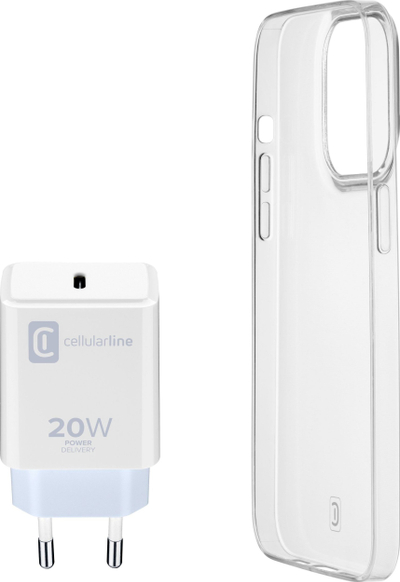 Set aksesorësh Cellularline Starter Kit për iPhone 14 Plus, karikues 20W USB‑C, mbrojtëse 6.7", transparente