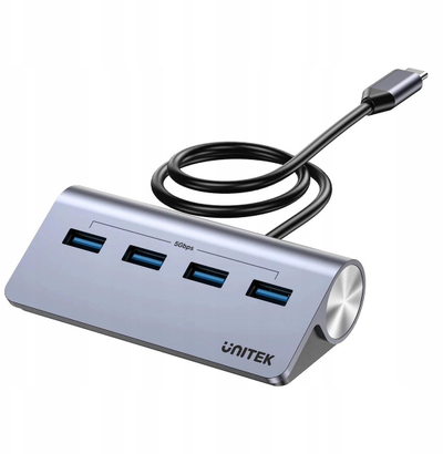 Hub USB Unitek Ergonomic, USB-C në 4x USB-A, 5Gbps, gri metalik