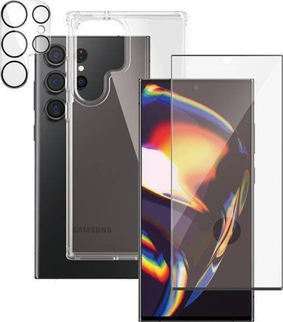 Set mbrojtës PanzerGlass 3 në 1, për Samsung Galaxy S23 Ultra, xham mbrojtës për ekran dhe HardCase transparent, i tejdukshëm