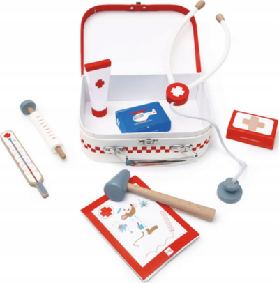 Set lodër doktoreshe Scratch Europe Doctor’s Case, vegla druri, me çantë, e bardhë e kuqe