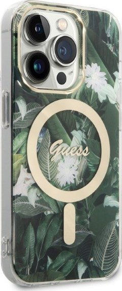 Set aksesorësh Guess Jungle GUBPP14LHJEACSA për iPhone 14 Pro, mbrojtëse e gjelbër MagSafe, karikues wireless gold