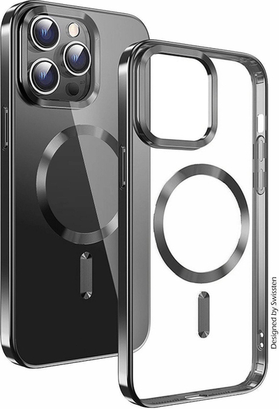 Mbështjellës telefoni Swissten Clear Jelly MagStick Metallic, për iPhone 16 Plus, me magnet, i zi