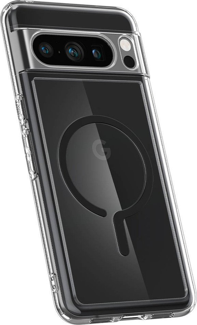 Këllëf telefoni Spigen Ultra Hybrid OneTap Metal Ring MagSafe për Google Pixel 8 Pro, transparent, i zi