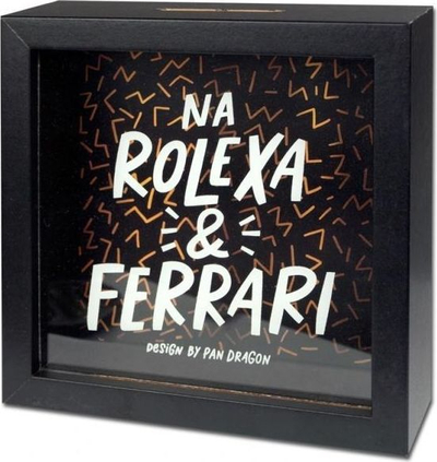 Kasa kursimi HOME Piggy Bank I Save For A Rolex And A Ferrari, MDF dhe xham, 15x15 cm, shumëngjyrëshe