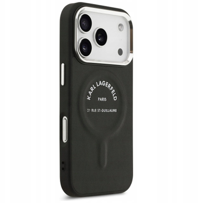 Kapak telefoni Karl Lagerfeld Leather Karl RSG Logo MagSafe për iPhone 17 Pro, lëkurë, i zi