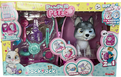Set lodër veteriner Pamper Petz Simba, çantë shpine 2 në 1, husky lodër, rozë