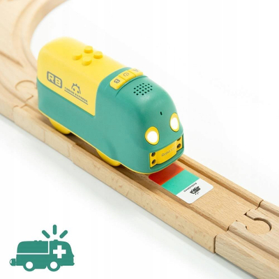 Lodër trenash Robobloq Coding Express, tren i zgjuar me shina druri, jeshile me të verdhë