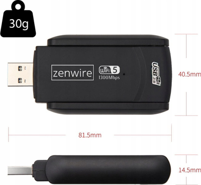 Adapter WiFi Zenwire WD-4605AC, USB 3.0, 1300 Mbps, me antena të jashtme