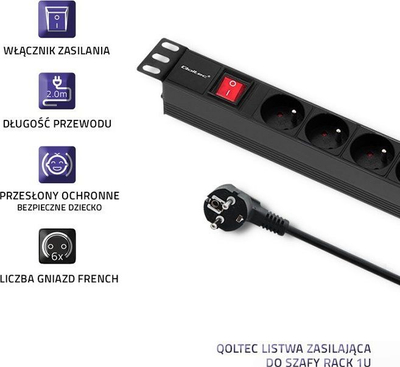 Listel rryme Qoltec Power strip 54470, 1U RACK, 6x French 16A, 2m, e zezë
