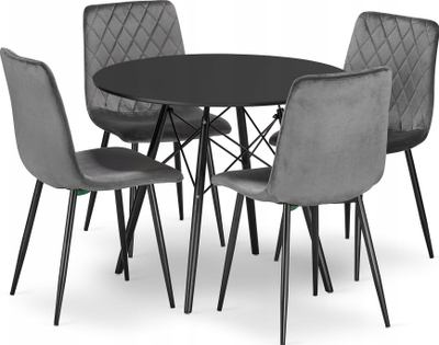 Set tavoline rrethore TODI me 4 karrige TURIN, 80 cm, MDF, velur gri e errët, e zezë