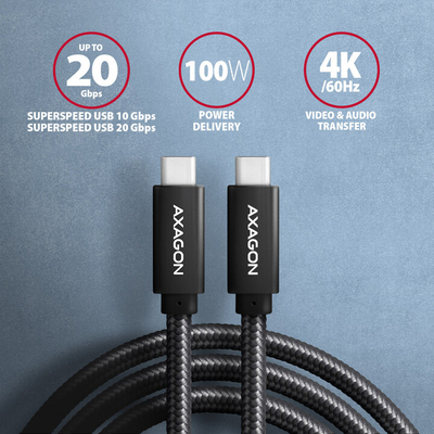 AXAGON кабел USB-C - USB-C SPEED + USB3.2 Gen 2, PD100W 5A, 4K UHD, плетенка, 1m, црна