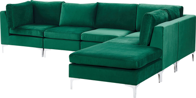 Kënd divan EVJA modular, për 5 veta, me ottoman në anë të majtë, kadife jeshile