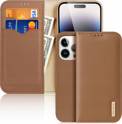 Këllëf telefoni Dux Ducis Hivo Series për iPhone 15 Pro, lëkurë, me stand dhe mbajtëse kartash, kafe