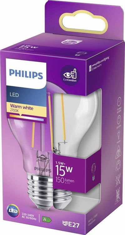 Llampë LED Philips 76239100, E27, 1.5W 2700K, transparente