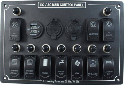 Panel elektrik universal MTuning_F, 13 elemente, me voltmetër, porta USB 3.1A, i zi
