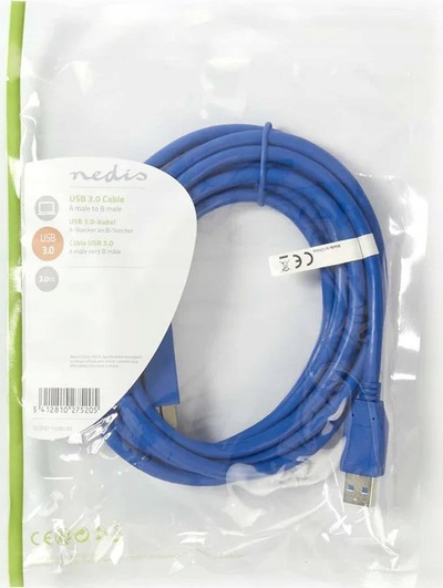 Kabllo USB Nedis USB 3.2 Gen 1, USB A në USB B, 3m, blu