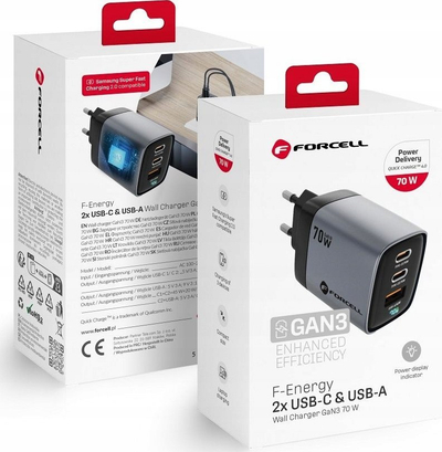Karikues rrjeti Forcell F-Energy GaN III VT-37, 70W, 3 porta USB, gri
