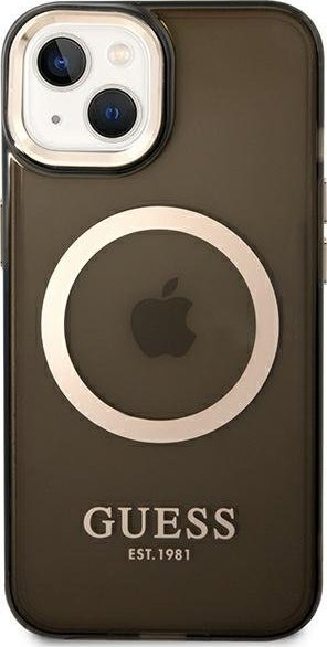 Mbulesë telefoni Guess GUHMP14MHTCMK për iPhone 14 Plus 6.7", hard case, MagSafe, e zezë transparente