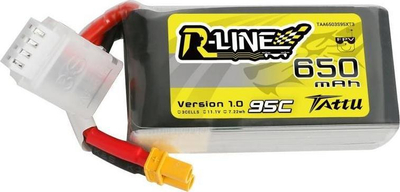 Bateri LiPo Tattu R-Line, 650mAh 11.1V 95C 3S, XT30, e verdhë