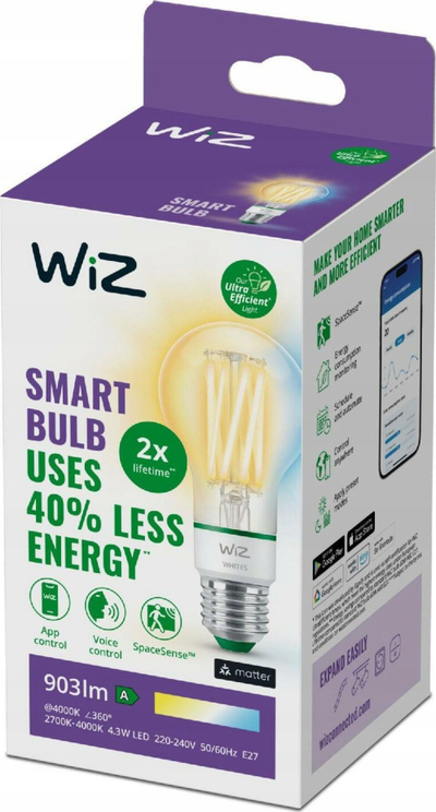 Llambë inteligjente WiZ A60 LED, E27, 4.3W, 903lm, CCT, e bardhë
