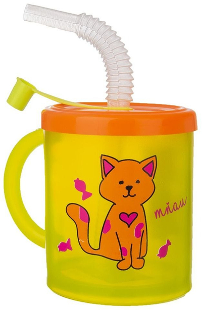 Пластична чаша за деца со цевка, 300ml, со капак, жолта