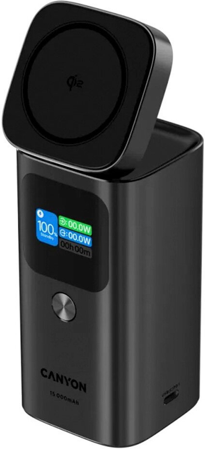 Power Bank Canyon OnPower 150, Qi2 Magnetik, 15000mAh, 100W, i hirtë