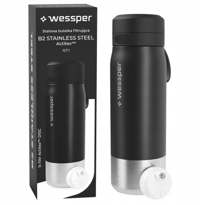 Shishe me filtër Wessper B2 Actitex Stainless Steel, 0.7L, çelik inox, e zezë