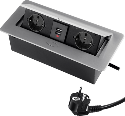 Prizë tavoline Spacetronik SPS-D24S V2, 2x Schuko, 2x USB, argjend me të zezë