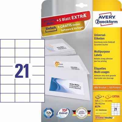 Fletë me etiketa vetëngjitëse Etyk ZF 6174, A4, 70 x 42.3mm, të bardha