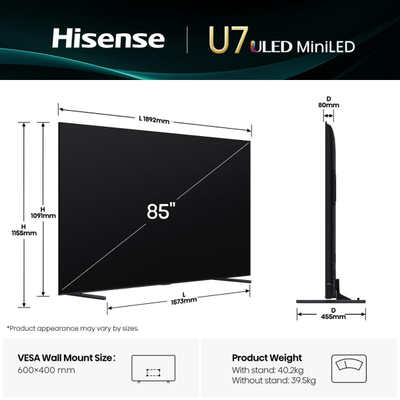 Televizor Hisense 85U7Q, 85", 4K Ultra HD, Smart, i zi