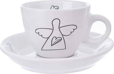 Set filxhanësh espresso Angel Motif, 2 filxhanë me pjatica, qeramikë e bardhë