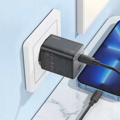 Karikues me kabllo HOCO N42 GaN, 45W, 2x USB C PD QC, i zi